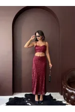 Topshow Bordo Payetli Uzun Etek - Yüksek Bel, Şık Gece Elbisesi Kombini
