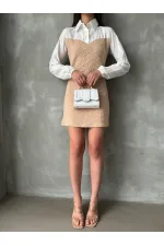 Knee-Length Wholesale Dress with Poplin Sleeves and Chest - Stone | TOPSHOW | F1139