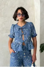 Önden Bağlamalı Nakışlı Toptan Bluz - Koyu Mavi | Topshow