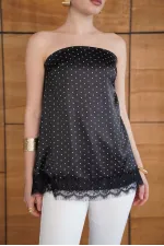 Bustier en satin noir à pois et détails en dentelle | D2963 - Topshow