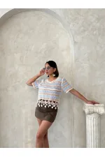 Topshow Orange Mesh Bottom Pompom Wholesale Blouse