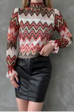 Blouse à motif zigzag en gros - Orange | TOPSHOW | F1558