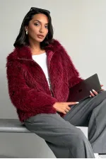 Women's Faux Fur Jacket – Zippered, Soft Textured Modern Winter Coat - BURGUNDY