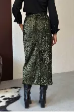 F 2053 SEQUINED VELVET LONG SKIRT - KHAKI