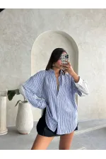 Çizgili Keten Gömlek - Koyu Mavi | Topshow | F1917