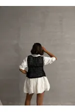 Topshow Siyah Düğmeli Dantelli Toptan Yelek