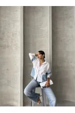 Sequined Denim Detailed Wholesale Shirt - Blue Dsn1 | TOPSHOW | F1725