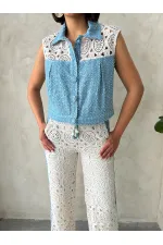 Dantel Detaylı Pullu Kot Ceket - Mavi Topshow