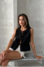 Topshow Black Front Tie Wholesale Blouse