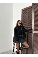 Gilet en fausse fourrure pour femme Topshow (vente en gros) – Fermeture éclair, texture douce – Noir | F2046