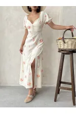 Nakışlı Keten Toptan Elbise - Oranj | Topshow