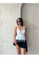 Güpür Detaylı Askılı Toptan Bluz   Krem | Topshow