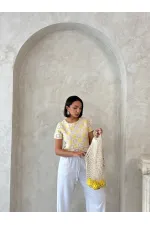 Kısa Kollu Dama Desen Tığ İşi Toptan Bluz - Sarı | Topshow