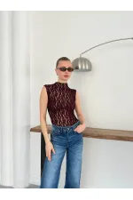 Sıfır Kol Dantel Bluz - Bordo | Topshow