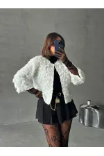 Veste en tulle à motif rose en gros - Crème | TOPSHOW | F1754