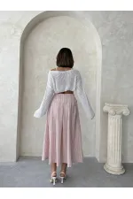 Çizgili Keten Etek - Koyu Pudra | Topshow | F1918