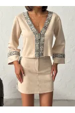 Topshow Stripe Detailed Scuba Suede Zippered Jacket - Stone | F1971