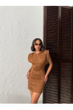 Topshow - Toptan Droplu Scuba Süet Elbise - Taba