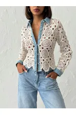 Dantel Detaylı İnci Düğmeli Uzun Kollu Kadın Toptan Gömlek-  Ham Mavi -Topshow | Topshow | F1945