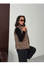 MINK BLACK F 1785 LEOPARD PRINT QUILTED VEST