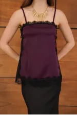 D 2931 LACE DETAILED STRAPLESS SATIN TUNIC - BURGUNDY