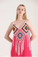 Robe longue à franges crème fuchsia Topshow en gros