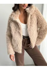 Faux Fur Women's Jacket – Zippered, Soft Textured Modern Winter Coat - STONE