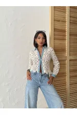 Dantel Detaylı İnci Düğmeli Uzun Kollu Kadın Toptan Gömlek-  Ham Mavi -Topshow | Topshow | F1945