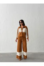 Dantel Detaylı Geniş Paça Kadın Pantolon - Taba | Topshow | F1958