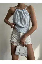 Topshow Blue Tied Neck Wholesale Blouse