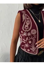 Topshow - Toptan Fitili Kadife Nakışlı Yelek - Bordo