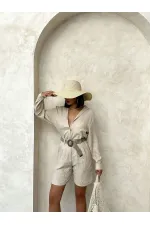 Kemer Detaylı Nakışlı Keten Şort - Taş | Topshow