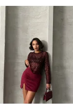 Topshow Bordo Suet Yırtmaclı Toptan Etek | F1573