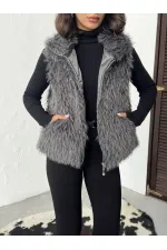 Gilet en fausse fourrure pour femme Topshow (vente en gros) – Fermeture éclair, texture douce – Gris | F2046