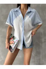 Topshow Blue Stripe Detailed Low Sleeve Wholesale Shirt