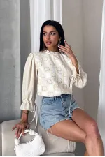 Topshow Stone Cream Lace Detail Wholesale Blouse | F1693