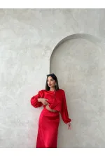 Kraşlı Saten Önden Bağlamalı Toptan Bluz - Kırmızı | Topshow | F1916