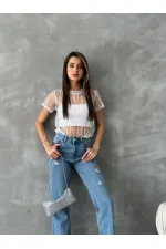 Topshow Krem Pullu Tül Toptan Tişört