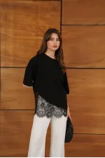 D 2953 DANTEL DETAYLI ASİMETRİK TİŞÖRT - SİYAH
