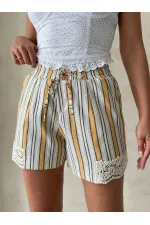 Paça Dantelli Çizgili Şort - Hardal | Topshow
