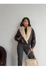 Topshow Fur-Collared Double-Breasted Leather Jacket - Brown | F2050