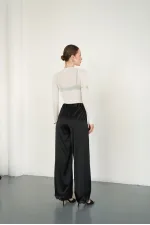 Pantalon en satin noir à ourlet en dentelle (vente en gros) | D2969 - Topshow