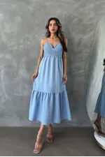 Robe longue Topshow bleue en lin à bretelles et col en V, vente en gros
