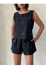 Fiyonk Taş Baskılı Kolsuz Bluz - Siyah | Topshow