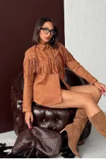 Chemise Topshow à franges en daim scuba - Beige | F2029