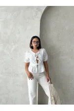 Önden Bağlamalı Nakışlı Toptan Bluz - Krem | Topshow
