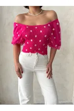 Topshow Fuchsia Gipe Detailed Patterned Chiffon Wholesale Blouse