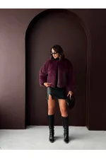 Topshow - Toptan Kürk Detaylı Mürdüm Kısa Ceket