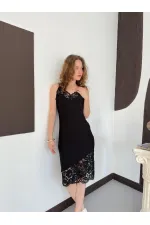 D 3043 DANTEL DETAYLI ASKILI ELBİSE - SİYAH