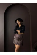 Topshow Tasseled Scuba Suede Skirt - Brown | F2030